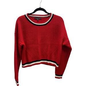Almost Famous Red Knit Women's Large Cropped Sweater with Striped Trim